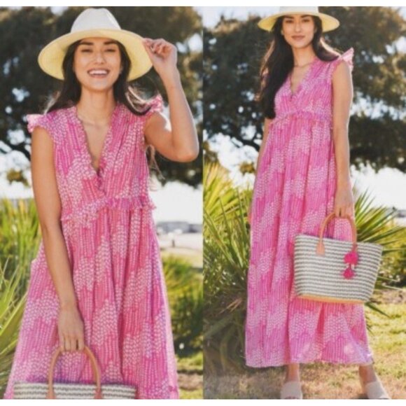 Banjanan Constance Pink Maiden Grass Raspberry Rose Midi Dress Sz XS Ruffle - Picture 2 of 14